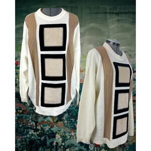 Vintage 90s Trutus Biancariaq Monobaik Ivory Black Tan Suede Squares Sweater XL